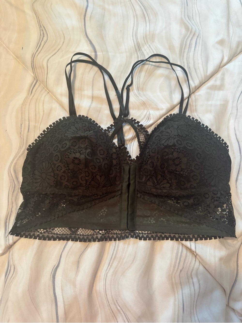 aerie Green Floral Lace Longline Bralette with Strappy Back Detail